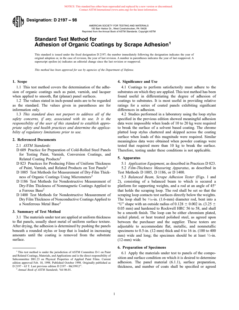 ASTM D2197-98 - Standard Test Method for Adhesion of Organic Coatings by Scrape Adhesion