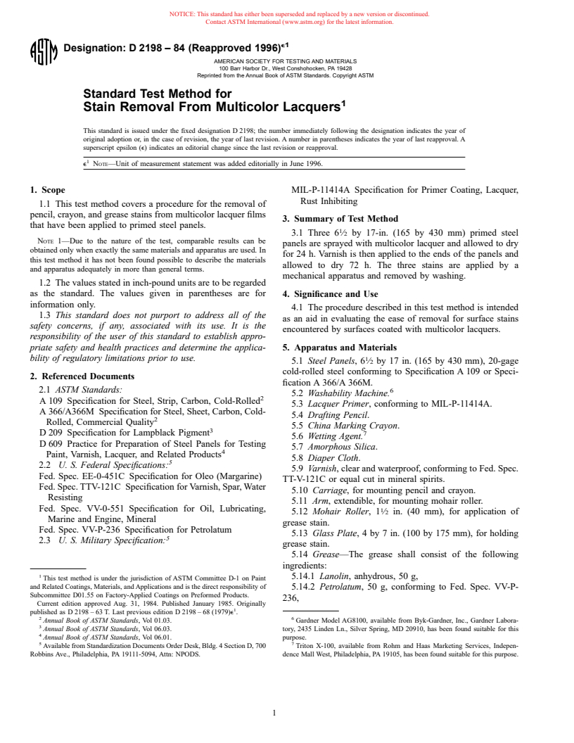 ASTM D2198-84(1996)e1 - Standard Test Method for Stain Removal From Multicolor Lacquers