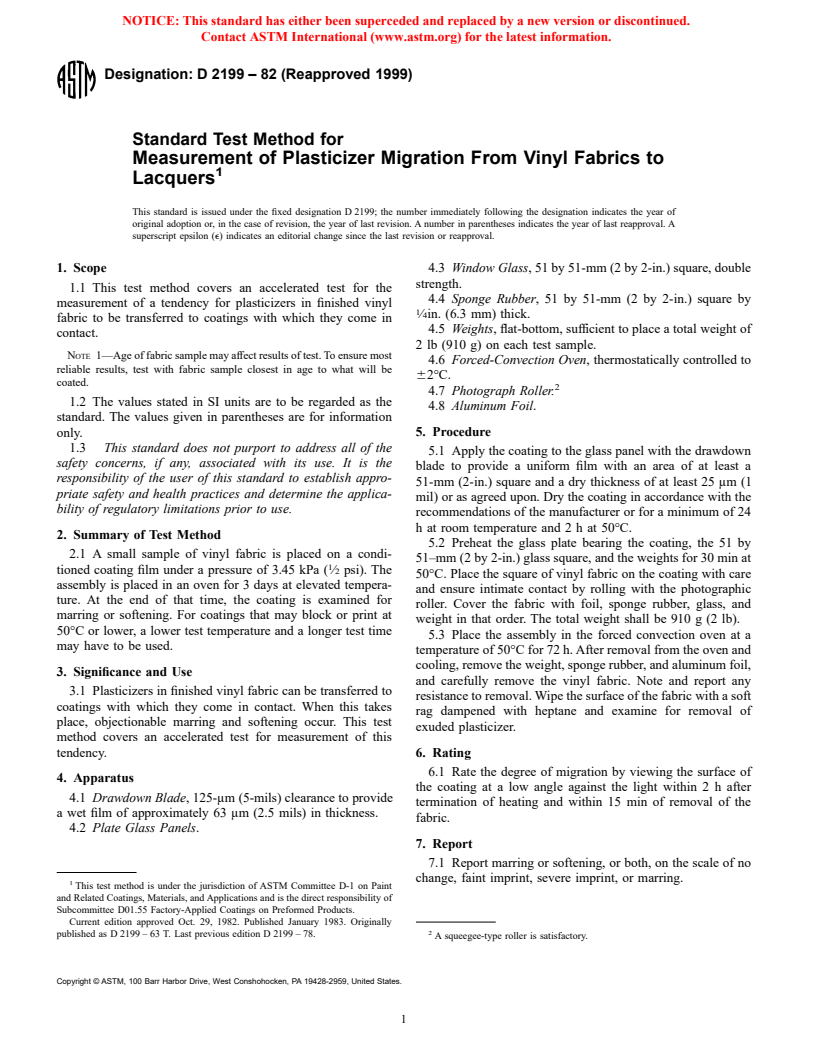 ASTM D2199-82(1999) - Standard Test Method for Measurement of Plasticizer Migration From Vinyl Fabrics to Lacquers