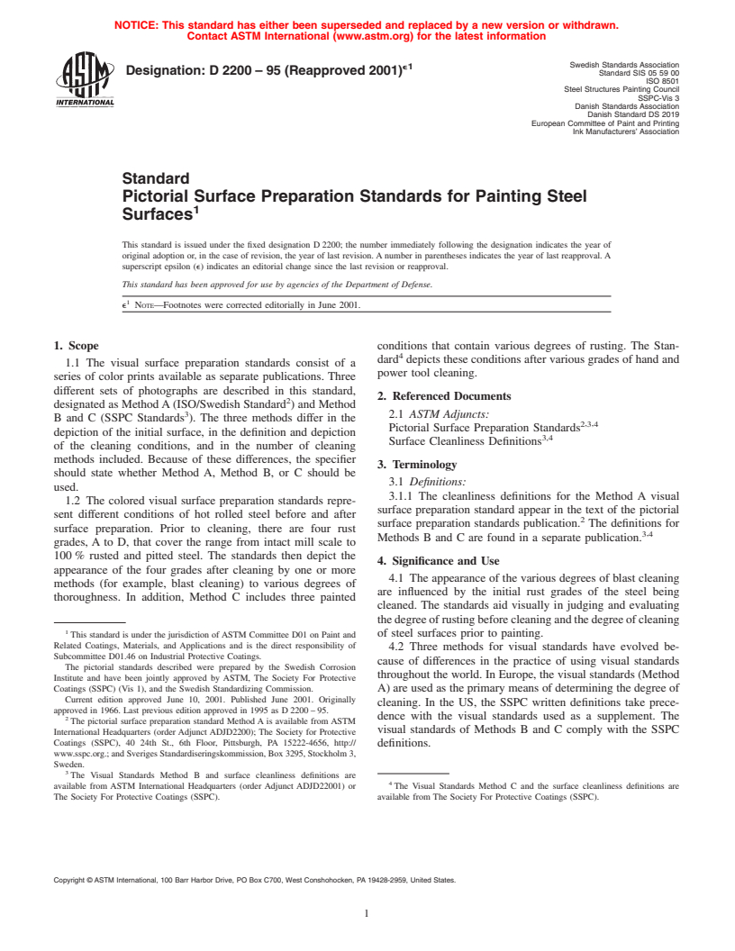 ASTM D2200-95(2001)e1 - Standard Pictorial Surface Preparation Standards for Painting Steel Surfaces