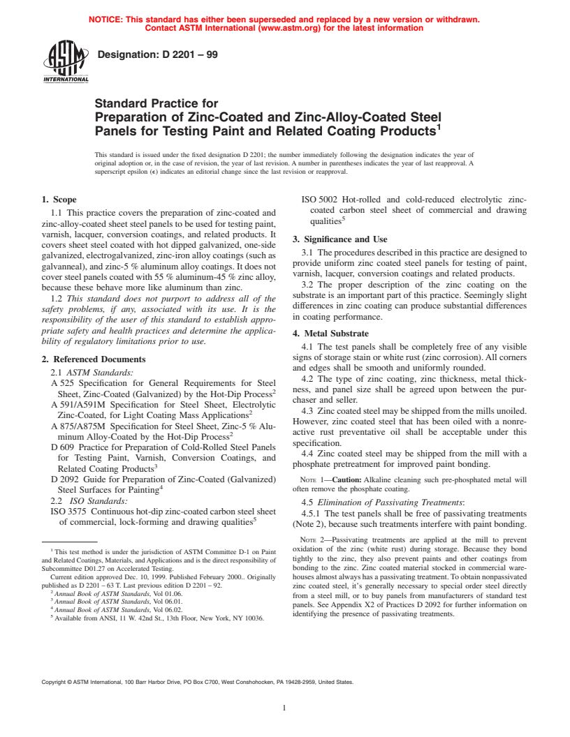 ASTM D2201-99 - Standard Practice for Preparation of Zinc-Coated and Zinc-Alloy-Coated Steel Panels for Testing Paint and Related Coating Products