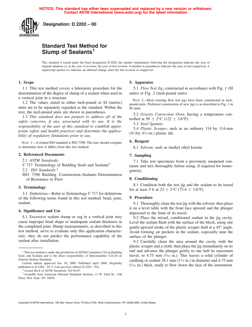 ASTM D2202-00 - Standard Test Method for Slump of Sealants