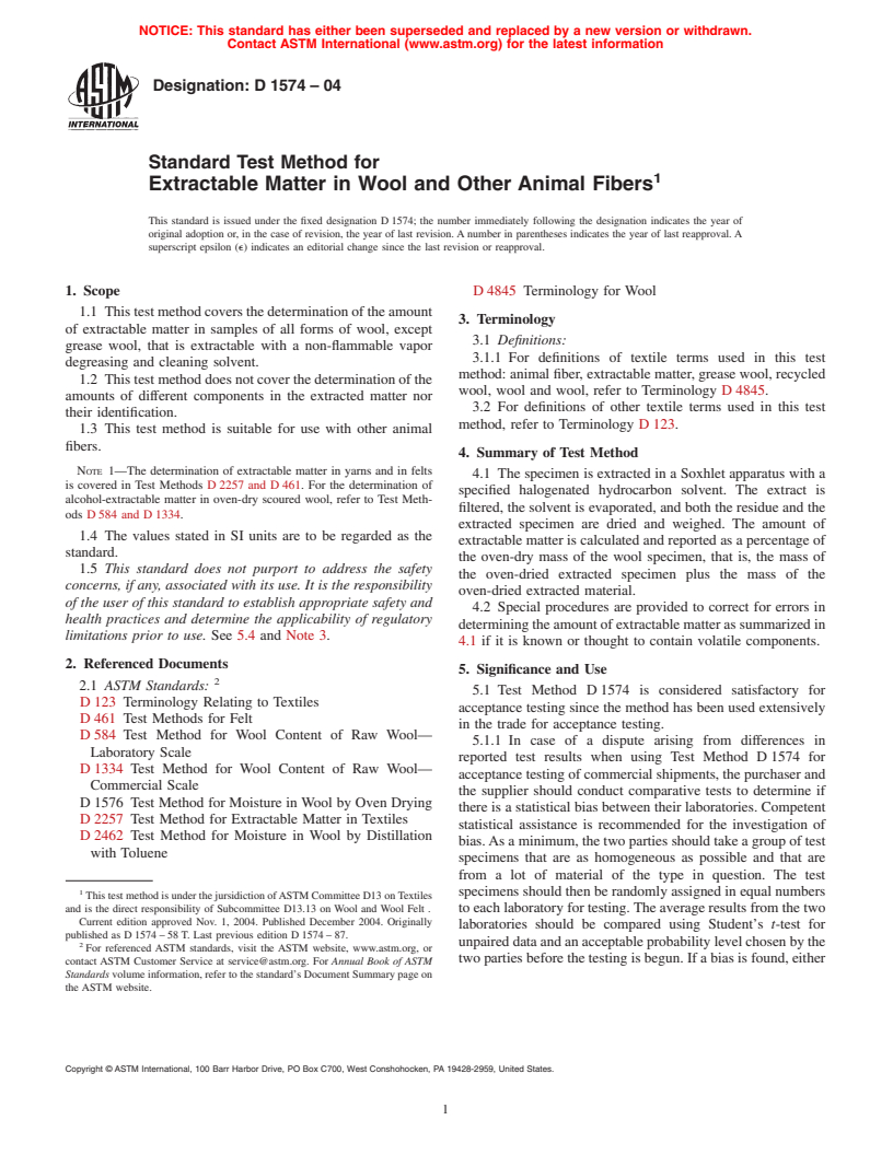 ASTM D1574-04 - Standard Test Method for Extractable Matter in Wool and Other Animal Fibers