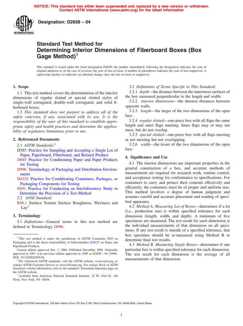 ASTM D2658-04 - Standard Test Method for Determining Interior Dimensions of Fiberboard Boxes (Box Gage Method)