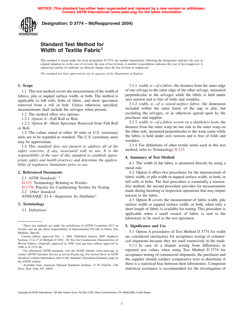 ASTM D3774-96(2004) - Standard Test Methods for Width of Textile Fabric