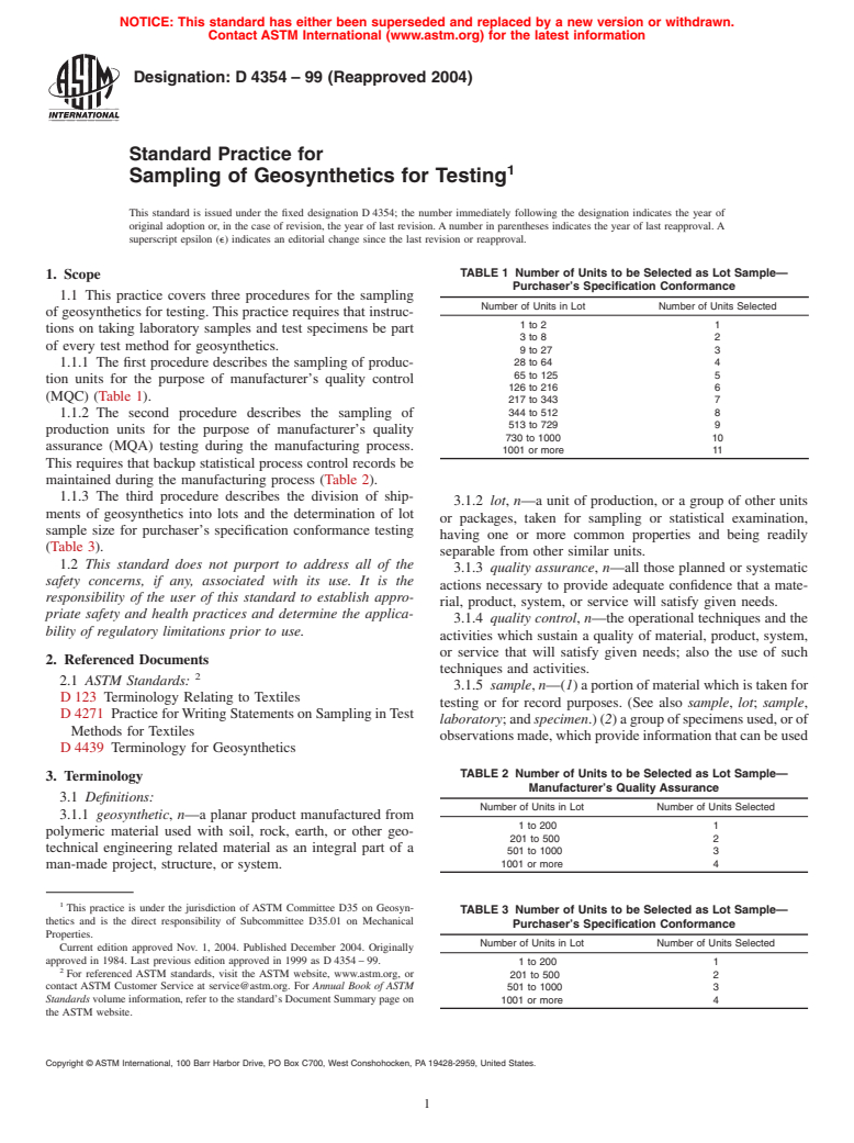 ASTM D4354-99(2004) - Standard Practice for Sampling of Geosynthetics for Testing