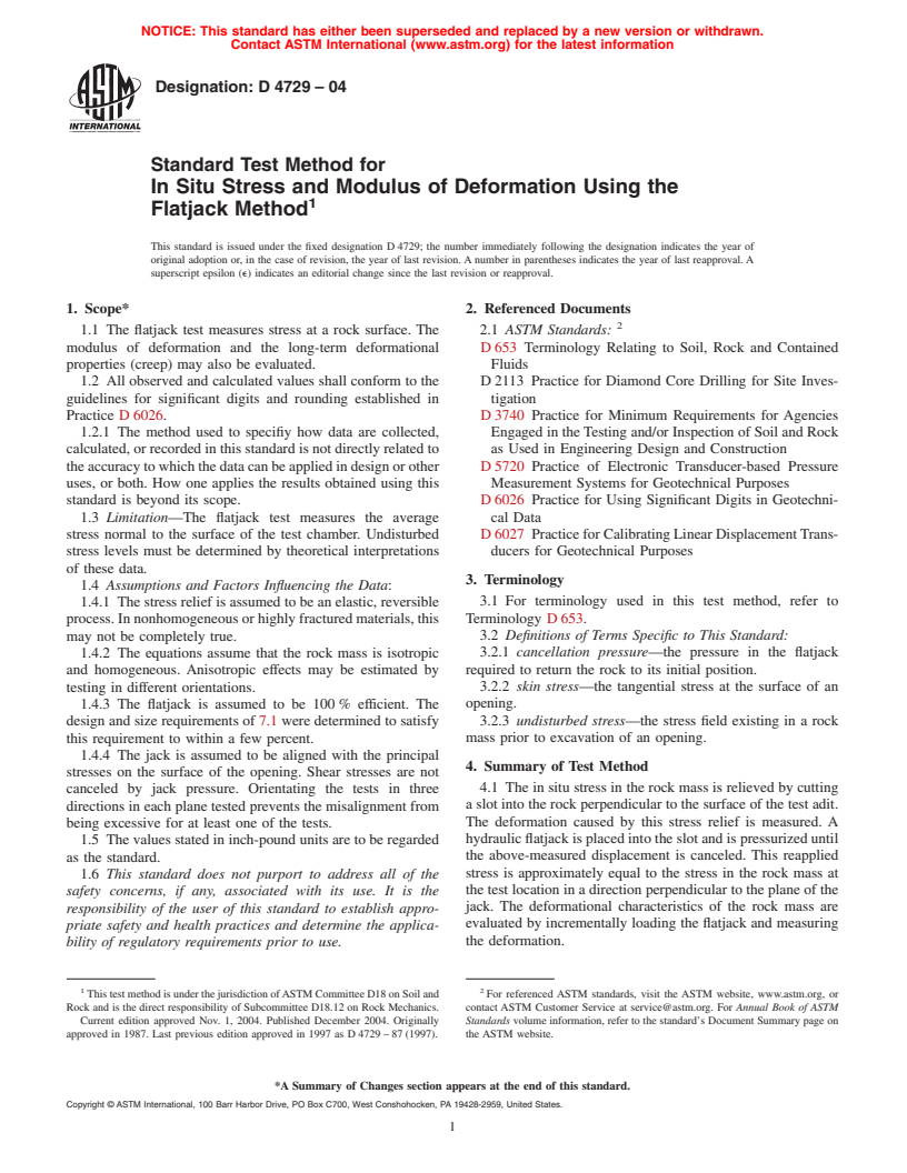 ASTM D4729-04 - Standard Test Method for In Situ Stress and Modulus of Deformation Using the Flatjack Method