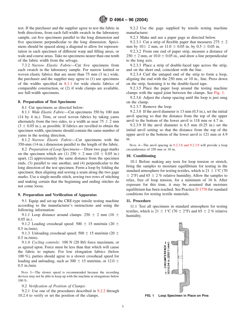 ASTM D4964-96(2004) - Standard Test Method for Tension and Elongation of Elastic Fabrics (Constant-Rate-of-Extension Type Tensile Testing Machine)