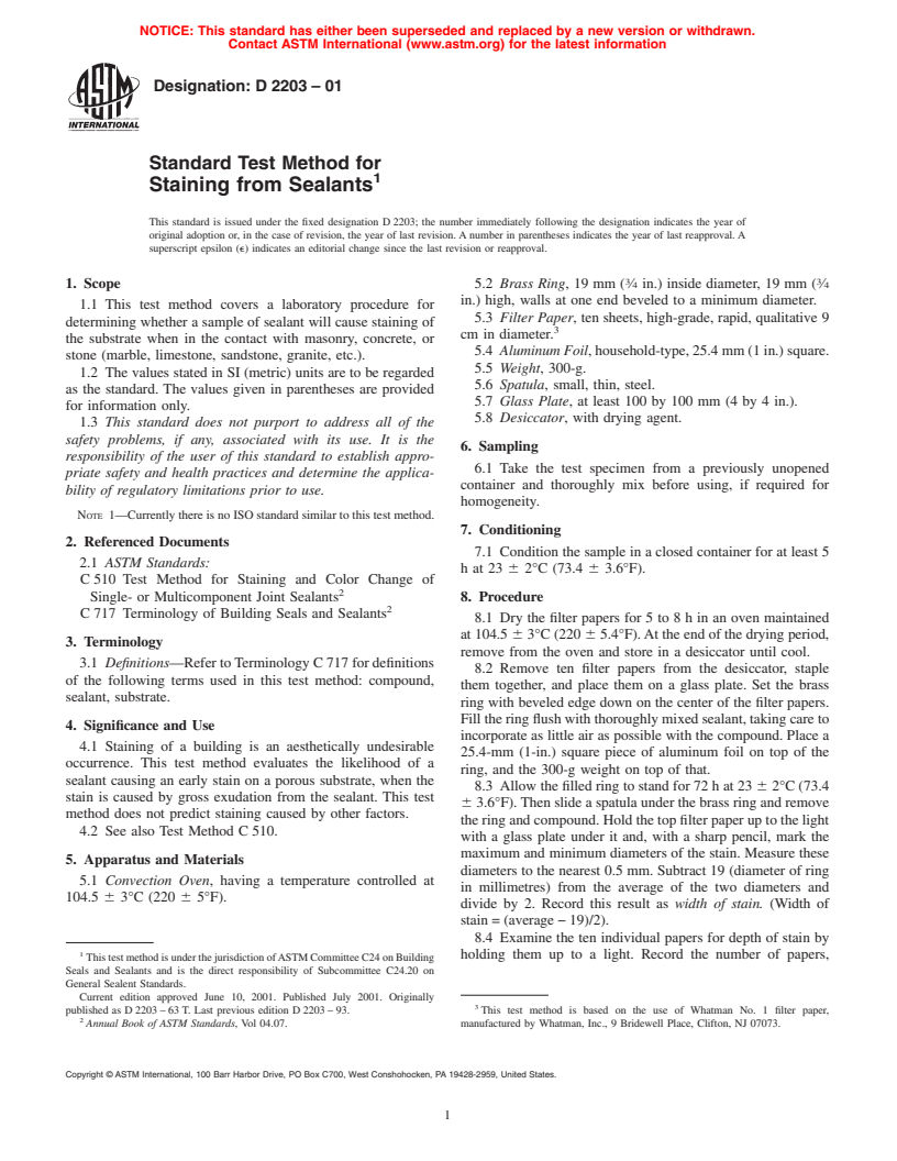 ASTM D2203-01 - Standard Test Method for Staining from Sealants