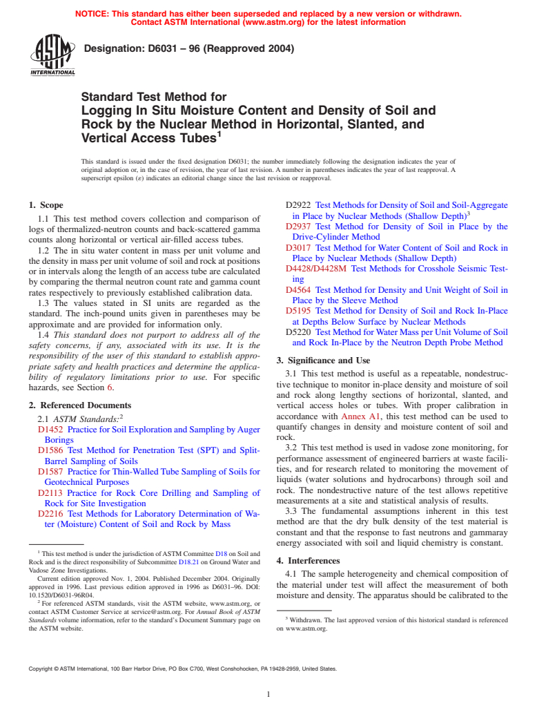 ASTM D6031-96(2004) - Standard Test Method for Logging In Situ Moisture Content and Density of Soil and Rock by the Nuclear Method in Horizontal, Slanted, and Vertical Access Tubes