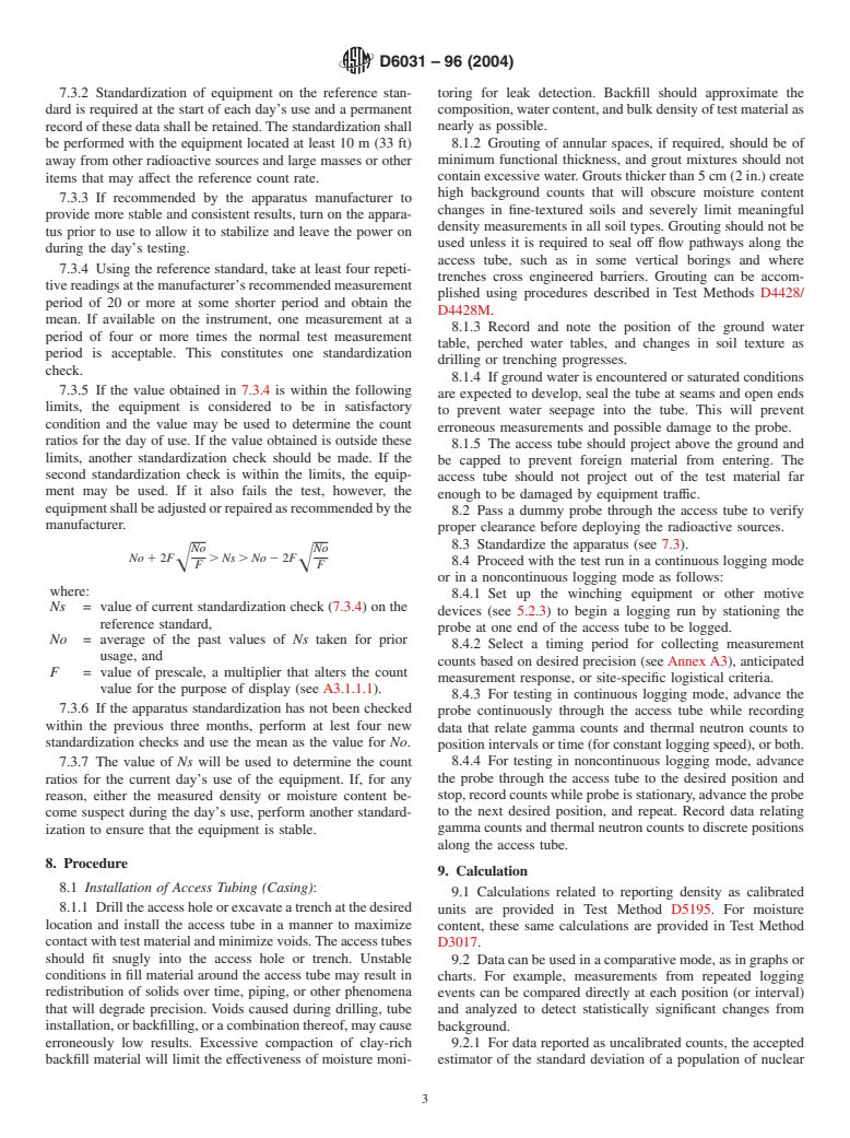 ASTM D6031-96(2004) - Standard Test Method for Logging In Situ Moisture Content and Density of Soil and Rock by the Nuclear Method in Horizontal, Slanted, and Vertical Access Tubes