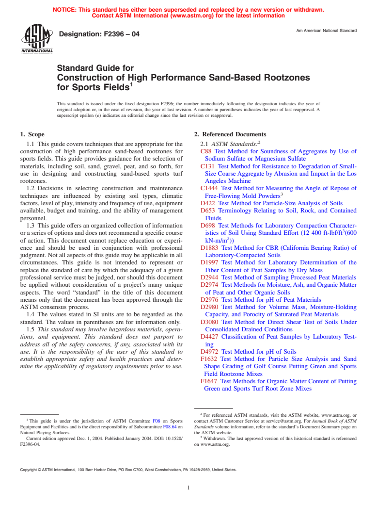 ASTM F2396-04 - Standard Guide for Construction of High Performance Sand-Based Rootzones for Sports Fields