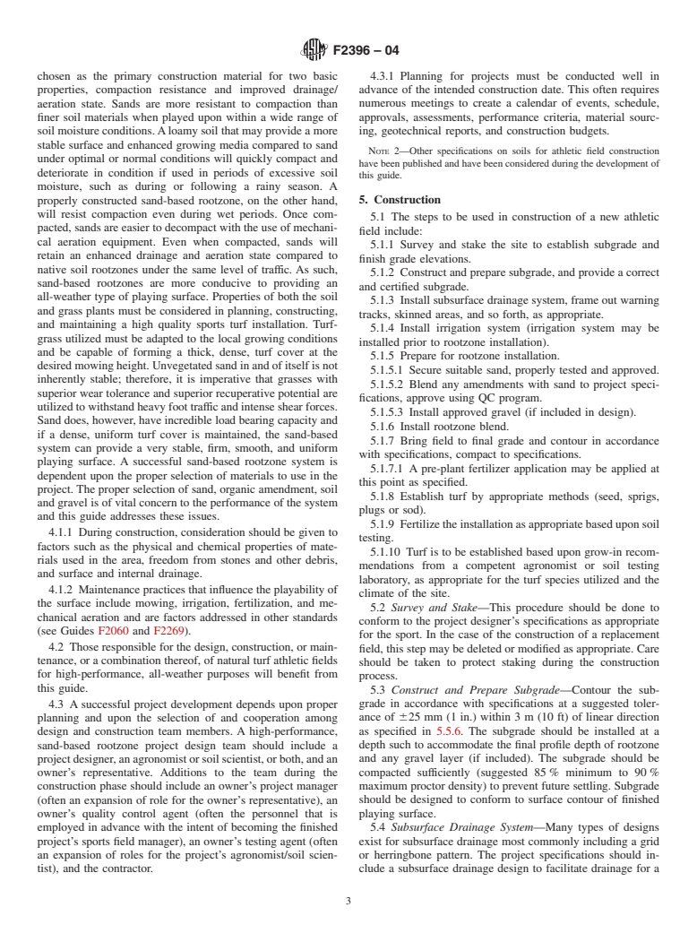 ASTM F2396-04 - Standard Guide for Construction of High Performance Sand-Based Rootzones for Sports Fields