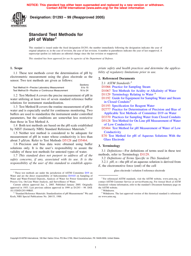 ASTM D1293-99(2005) - Standard Test Methods for pH of Water