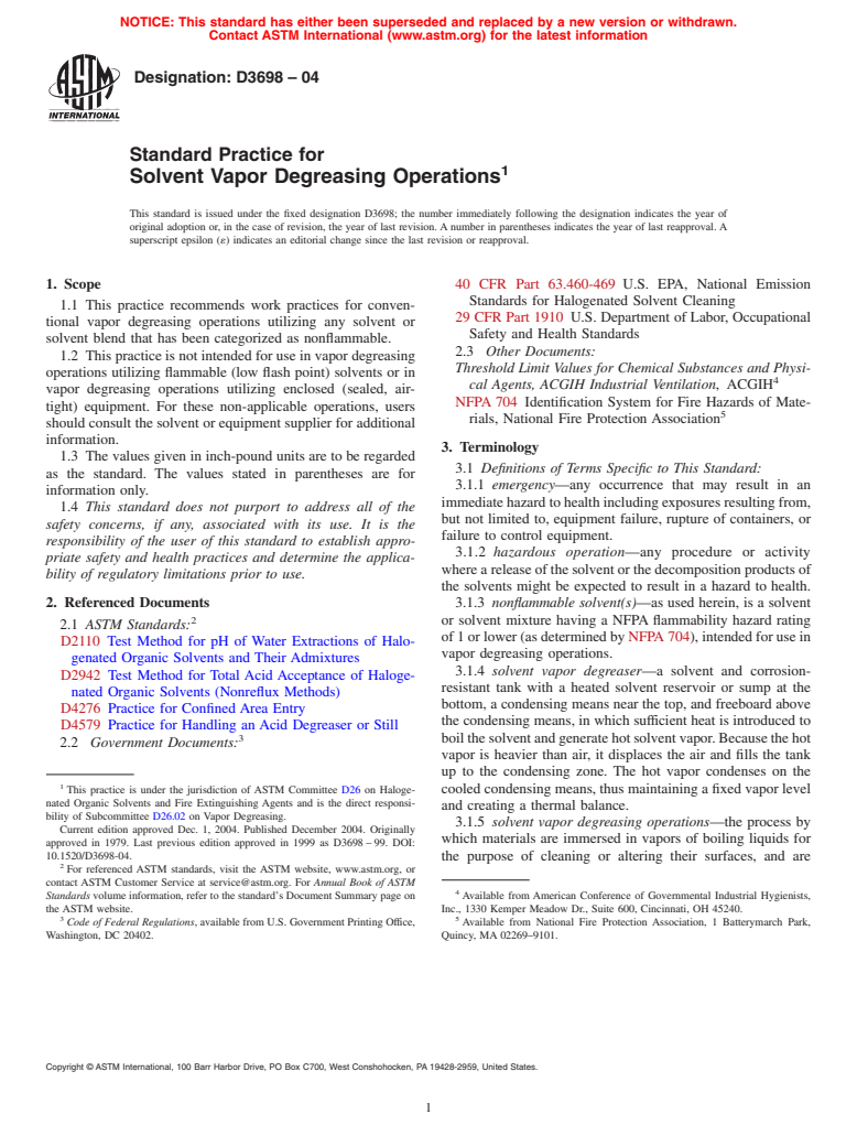 ASTM D3698-04 - Standard Practice for Solvent Vapor Degreasing Operations