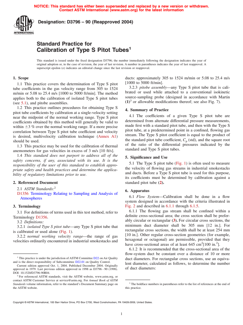 ASTM D3796-90(2004) - Standard Practice for Calibration of Type S Pitot Tubes