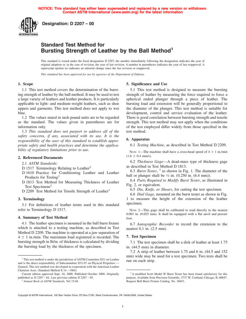 ASTM D2207-00 - Standard Test Method for Bursting Strength of Leather by the Ball Method