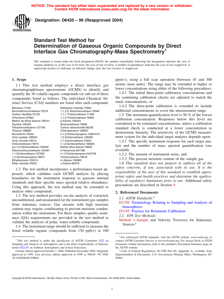 ASTM D6420-99(2004) - Standard Test Method for Determination of Gaseous Organic Compounds by Direct Interface Gas Chromatography-Mass Spectrometry