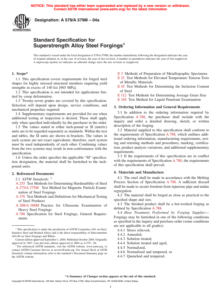 ASTM A579/A579M-04a - Standard Specification for Superstrength Alloy Steel Forgings