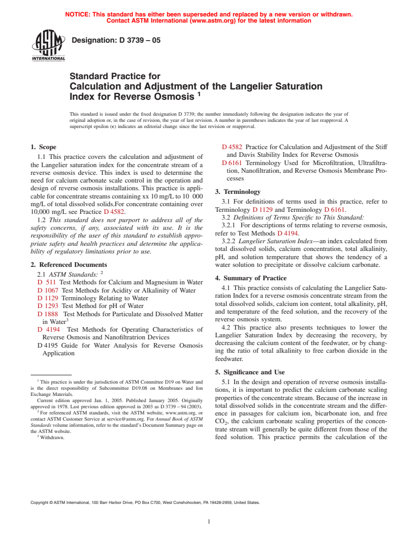 ASTM D3739-05 - Standard Practice for Calculation and Adjustment of the Langelier Saturation Index for Reverse Osmosis