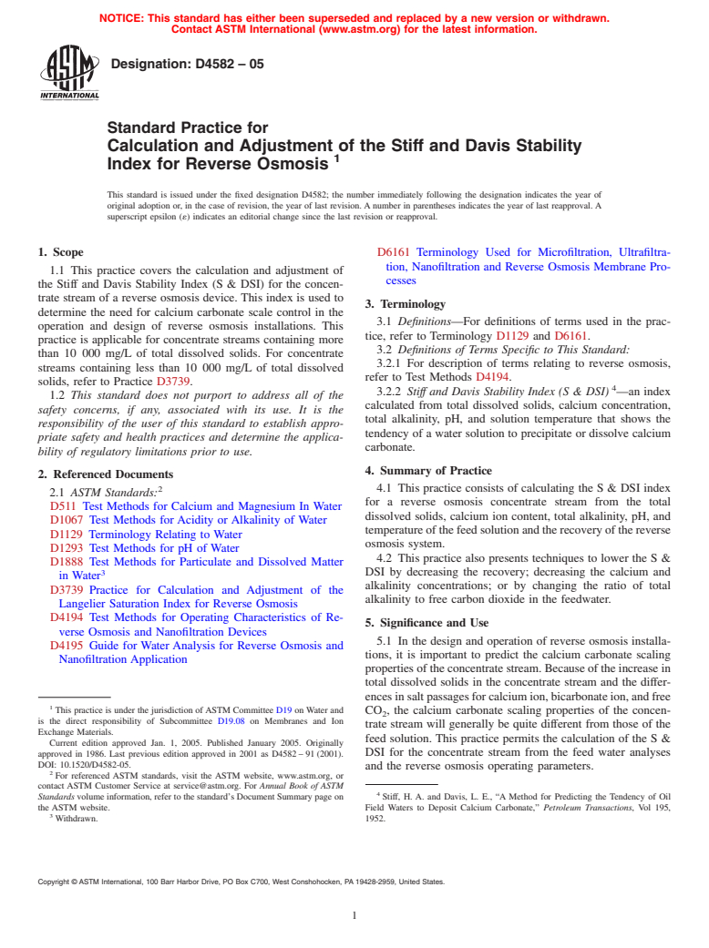 ASTM D4582-05 - Standard Practice for Calculation and Adjustment of the Stiff and Davis Stability Index for Reverse Osmosis