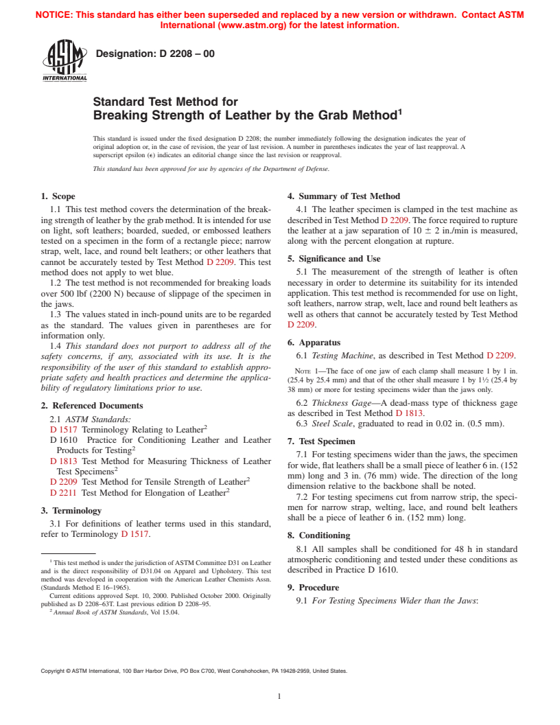 ASTM D2208-00 - Standard Test Method for Breaking Strength of Leather by the Grab Method