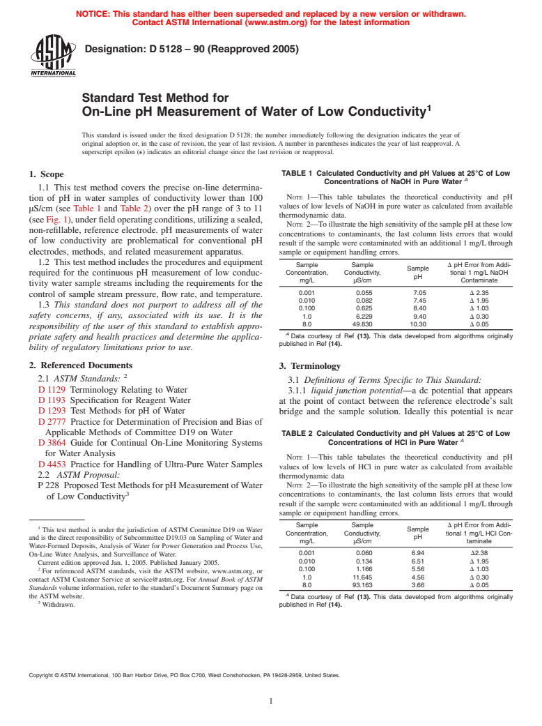 ASTM D5128-90(2005) - Standard Test Method for On-Line pH Measurement of Water of Low Conductivity