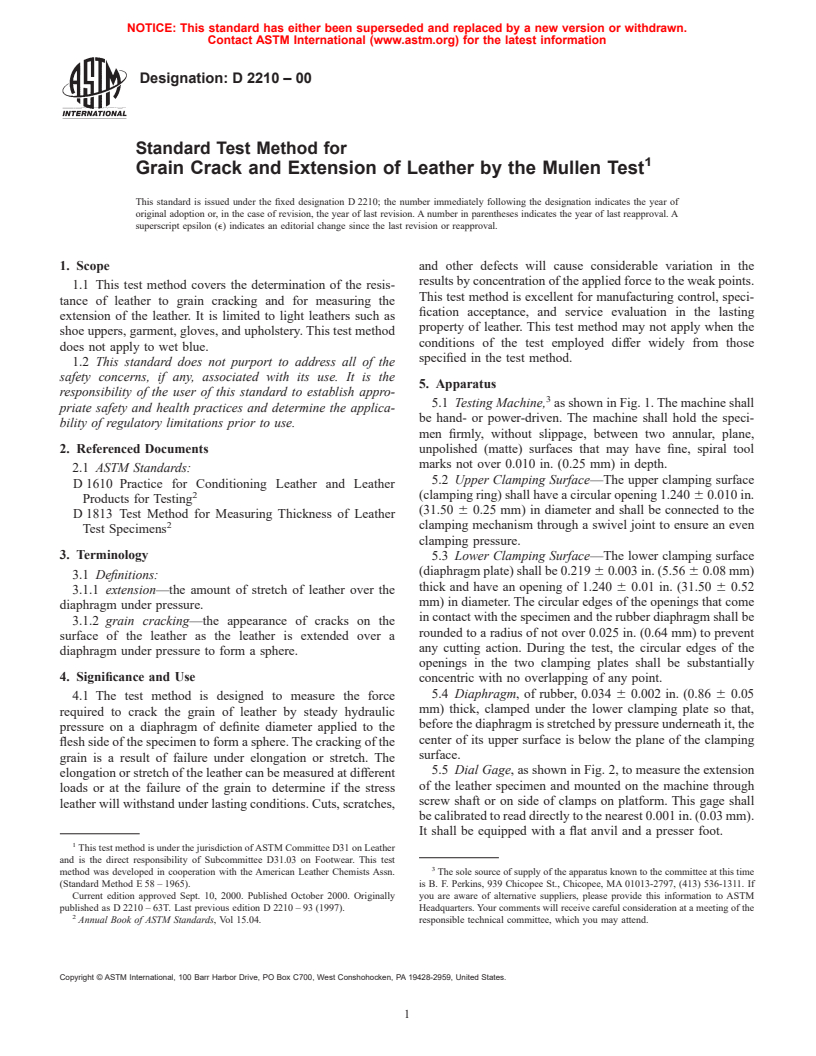 ASTM D2210-00 - Standard Test Method for Grain Crack and Extension of Leather by the Mullen Test