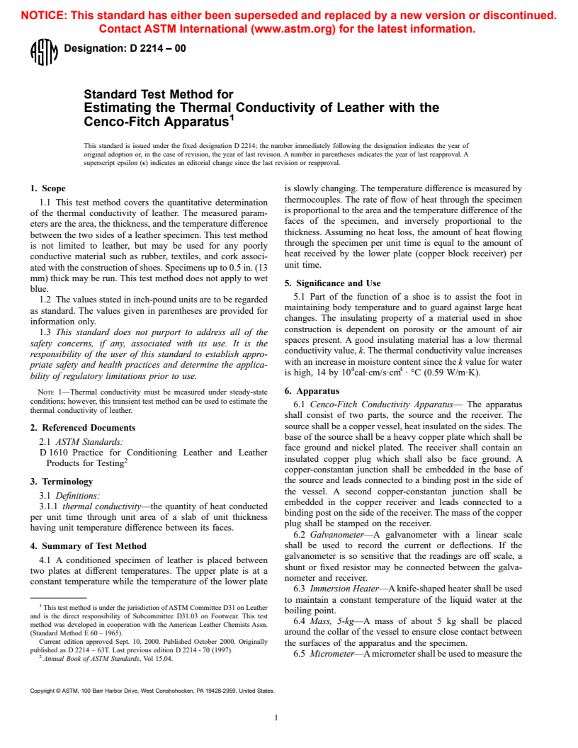 ASTM D2214-00 - Standard Test Method for Estimating the Thermal Conductivity of Leather with the Cenco-Fitch Apparatus