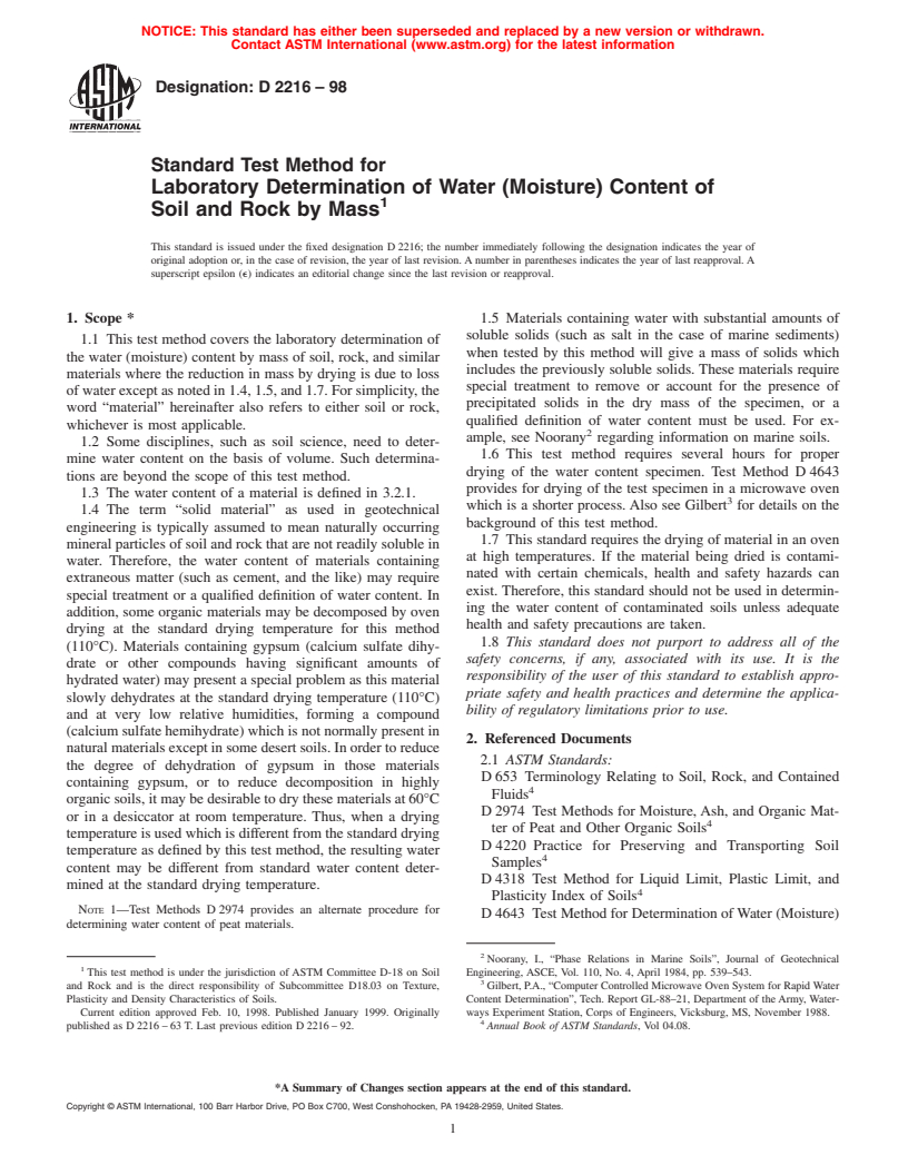 ASTM D2216-98 - Standard Test Method for Laboratory Determination of Water (Moisture) Content of Soil and Rock by Mass
