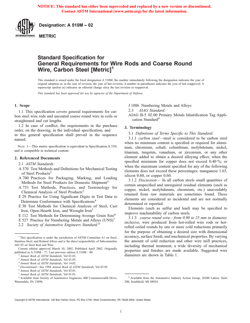 ASTM A510M-02 - Standard Specification for General Requirements for Wire Rods and Coarse Round Wire, Carbon Steel [Metric]