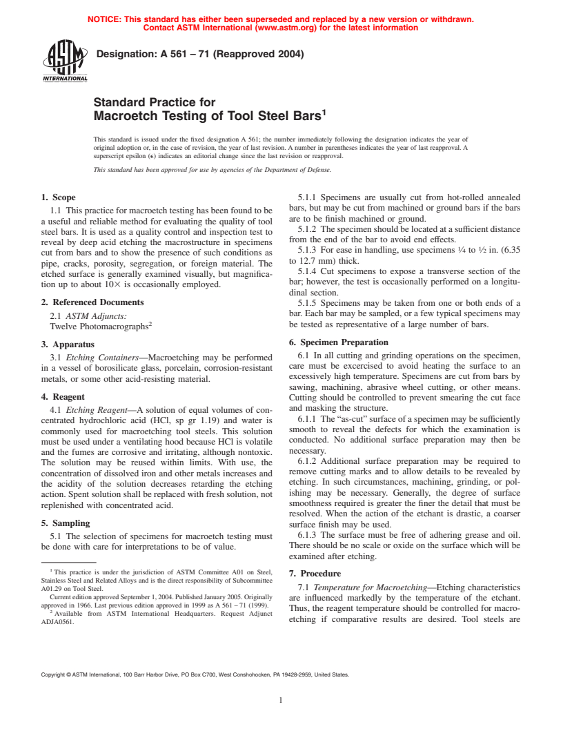 ASTM A561-71(2004) - Standard Practice for Macrotech Testing of Tool Steel Bars