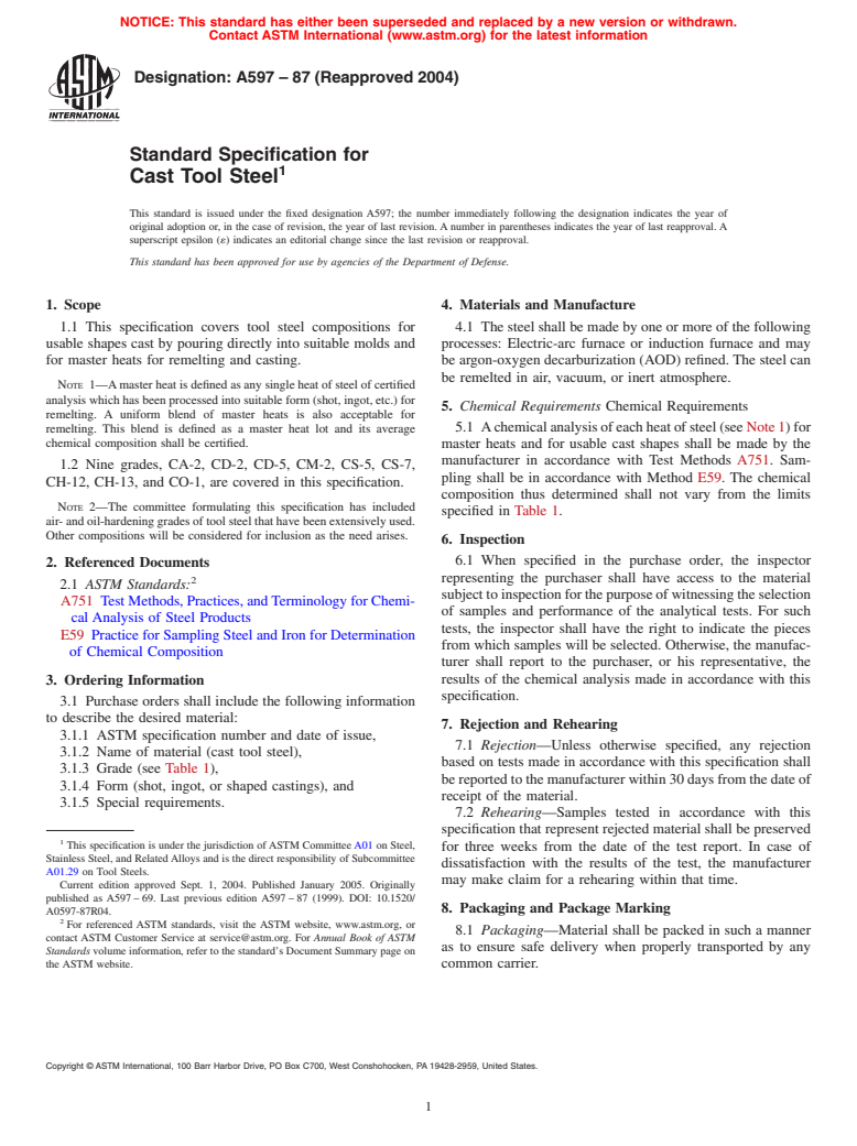 ASTM A597-87(2004) - Standard Specification for Cast Tool Steel