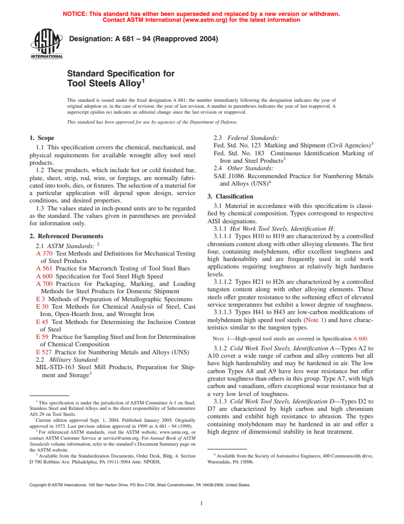 ASTM A681-94(2004) - Standard Specification for Tool Steels Alloy