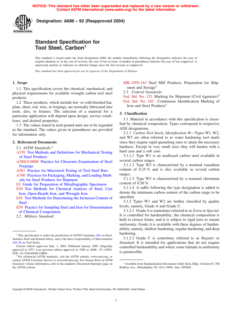 ASTM A686-92(2004) - Standard Specification for Tool Steel, Carbon