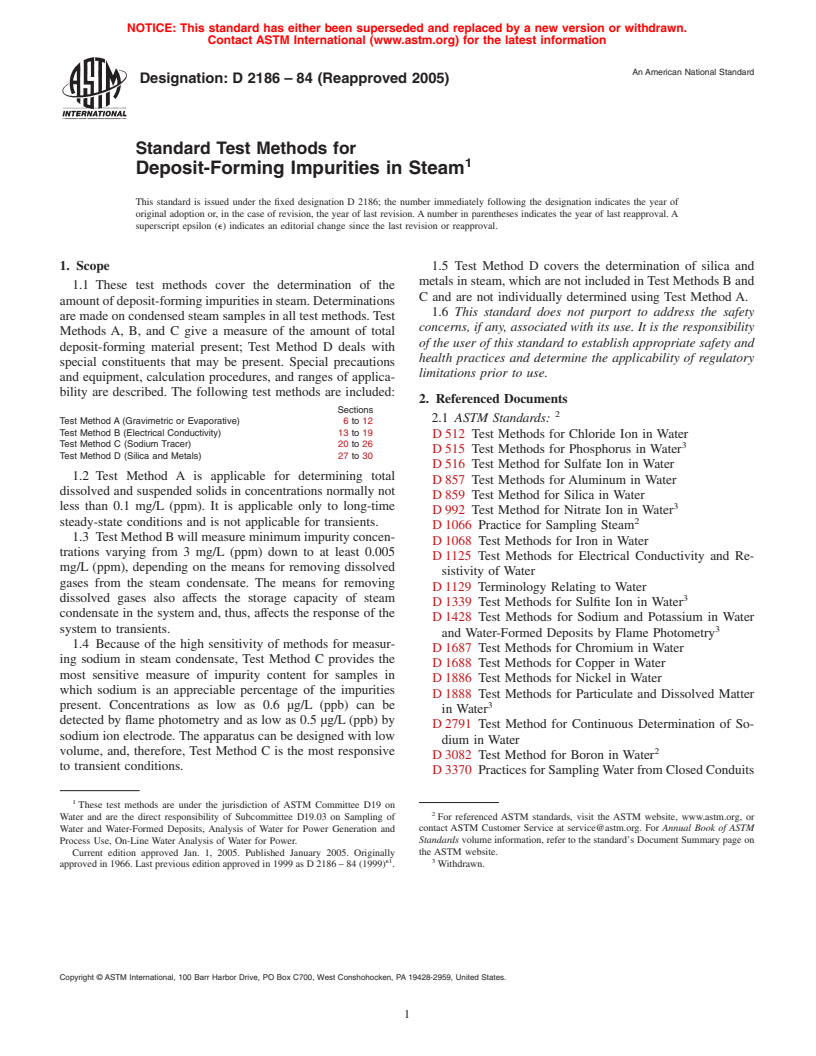 ASTM D2186-84(2005) - Standard Test Methods for Deposit-Forming Impurities in Steam