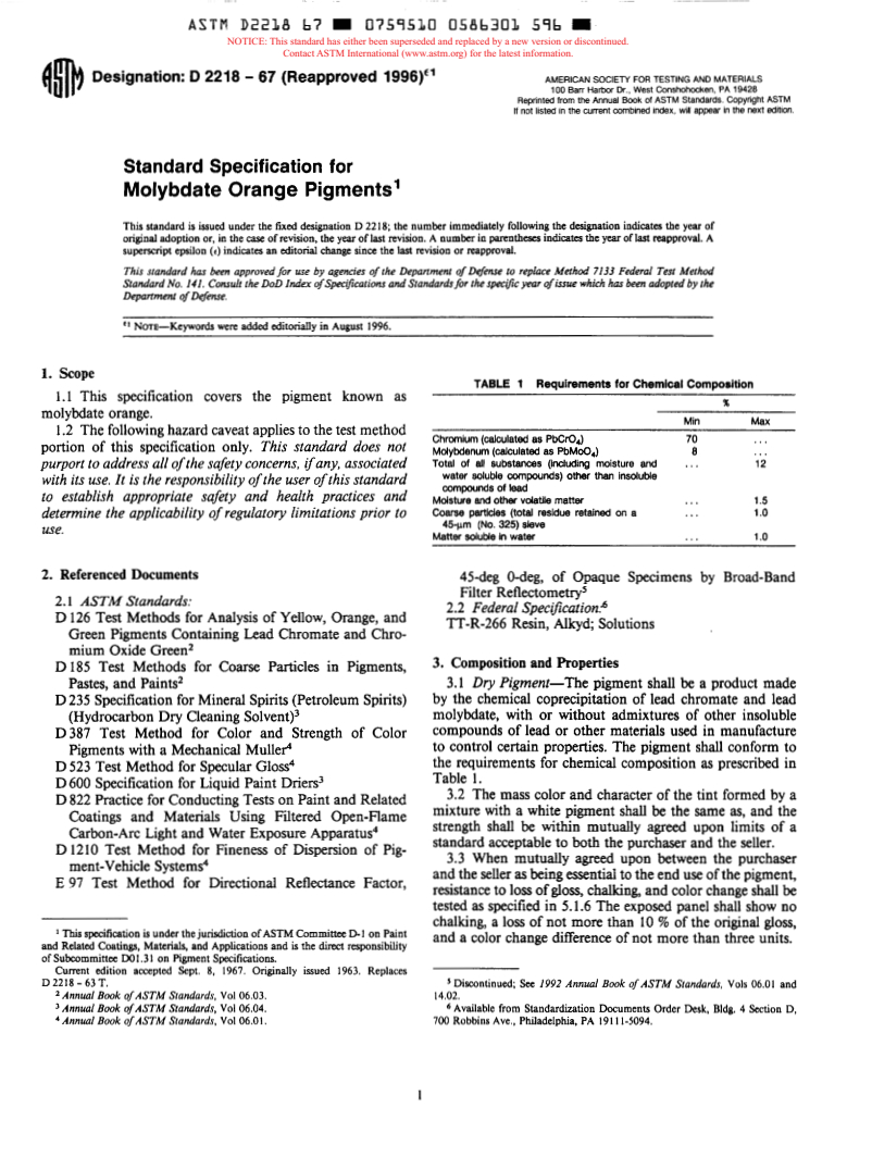 ASTM D2218-67(1996)e1 - Standard Specification for Molybdate Orange Pigments