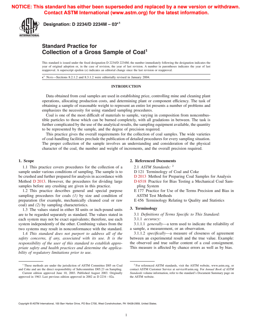 ASTM D2234/D2234M-03e1 - Standard Practice for Collection of a Gross Sample of Coal