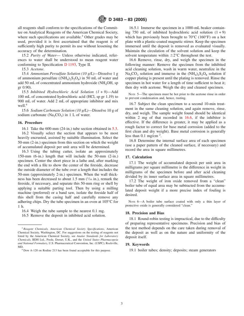 ASTM D3483-83(2005) - Standard Test Methods for Accumulated Deposition in a Steam Generator Tube