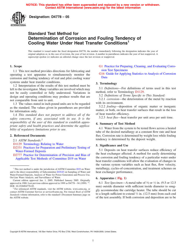 ASTM D4778-05 - Standard Test Method for Determination of Corrosion and Fouling Tendency of Cooling Water Under Heat Transfer Conditions