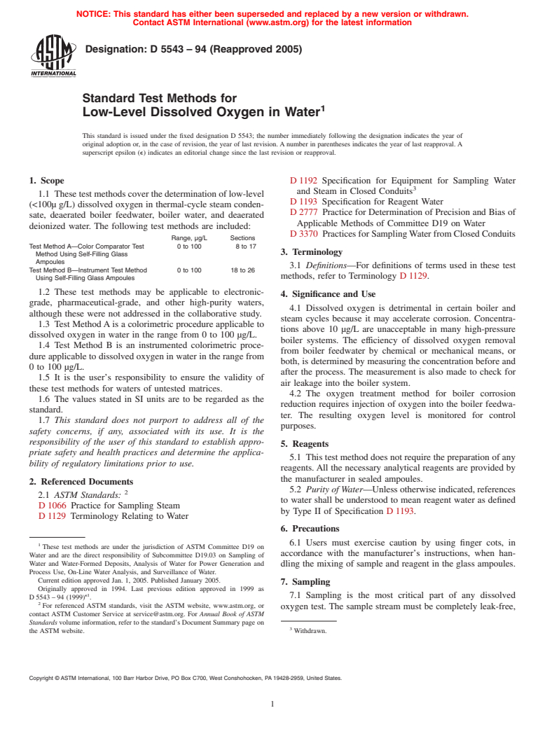 ASTM D5543-94(2005) - Standard Test Methods for Low-Level Dissolved Oxygen in Water