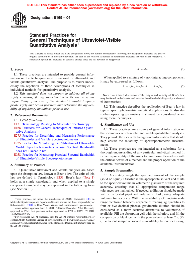 ASTM E169-04 - Standard Practices for General Techniques of Ultraviolet-Visible Quantitative Analysis