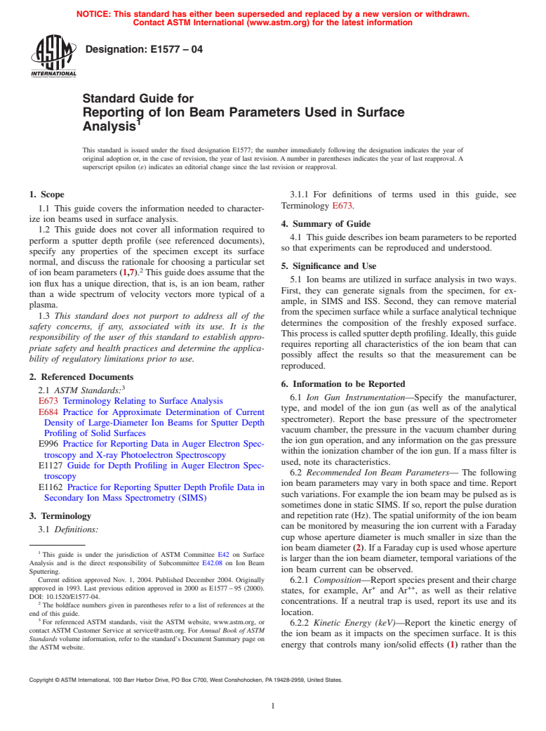 ASTM E1577-04 - Standard Guide for Reporting of Ion Beam Parameters Used in Surface Analysis