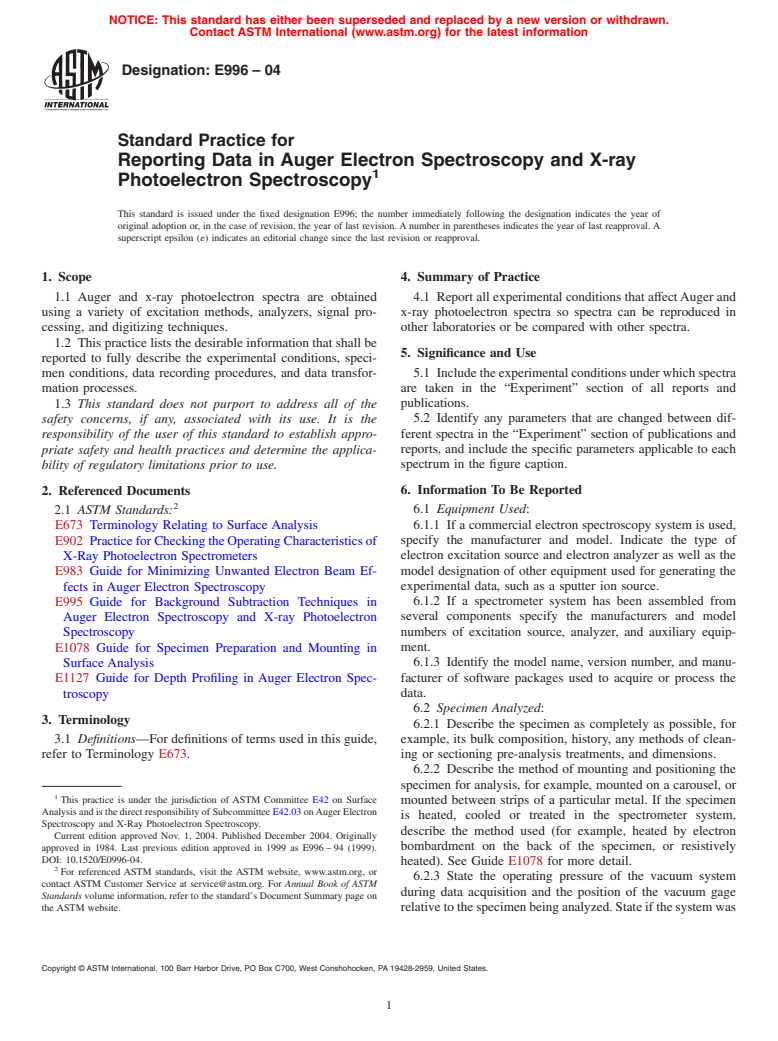 ASTM E996-04 - Standard Practice for Reporting Data in Auger Electron Spectroscopy and X-ray Photoelectron Spectroscopy