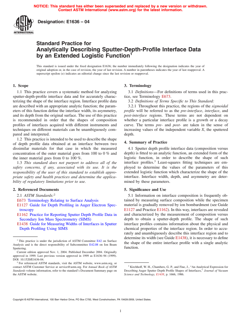 ASTM E1636-04 - Standard Practice for Analytically Describing Sputter-Depth-Profile Interface Data by an Extended Logistic Function