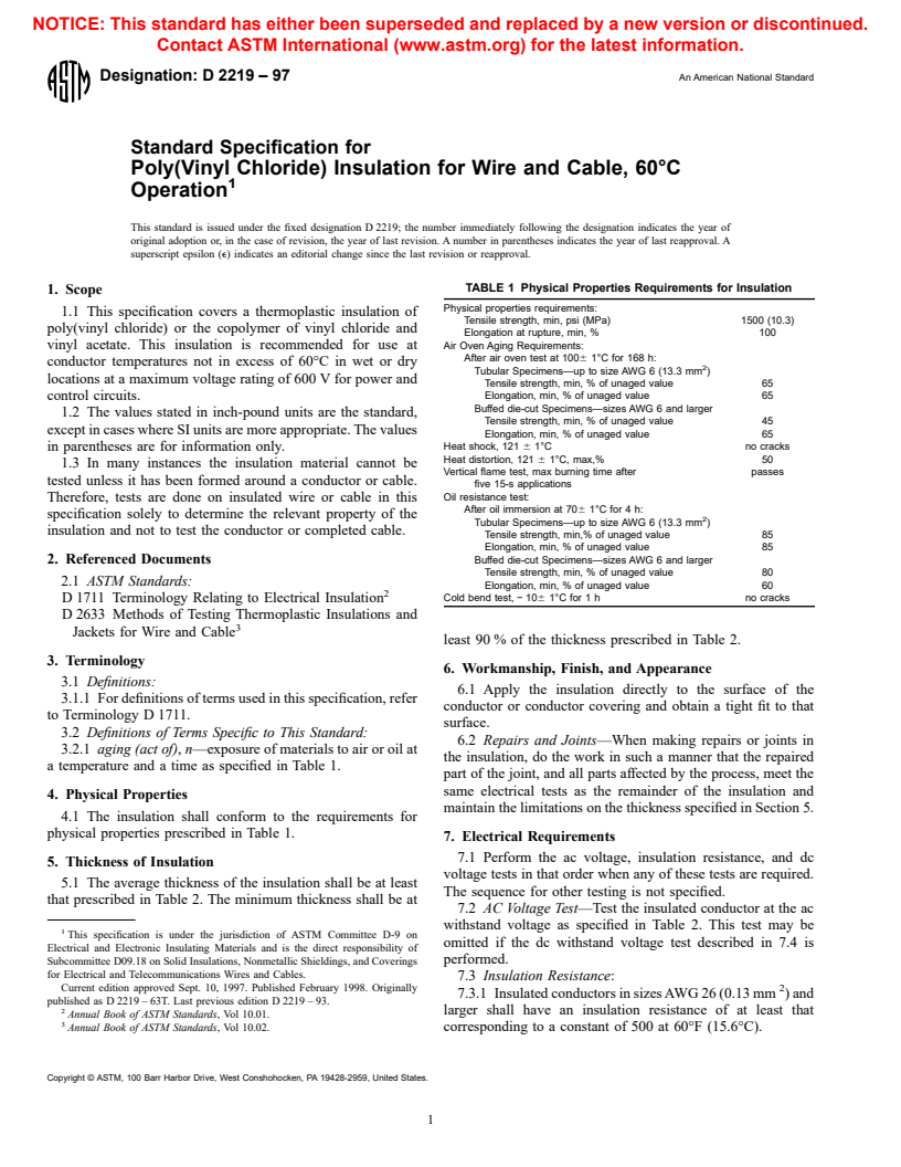 ASTM D2219-97 - Standard Specification for Poly(Vinyl Chloride) Insulation for Wire and Cable, 60&#176C Operation