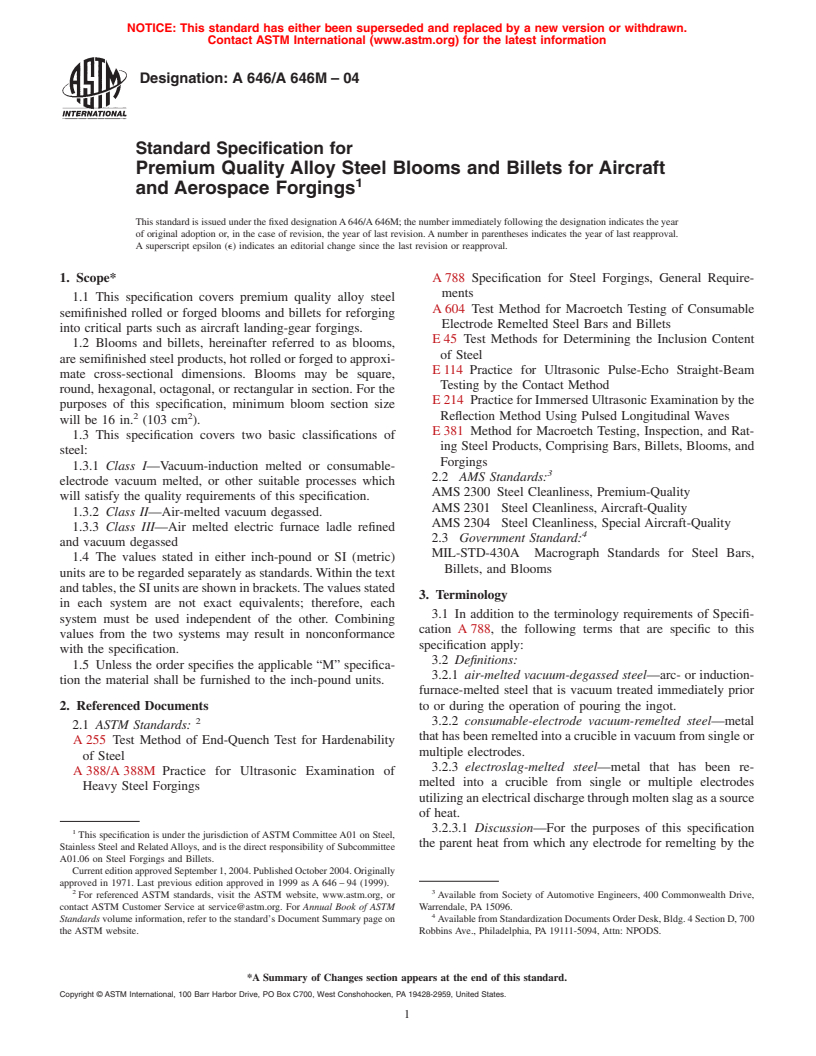 ASTM A646/A646M-04 - Standard Specification for Premium Quality Alloy Steel Blooms and Billets for Aircraft and Aerospace Forgings