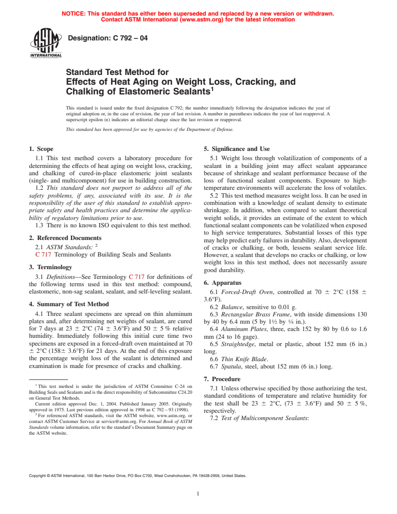 ASTM C792-04 - Standard Test Method for Effects of Heat Aging on Weight Loss, Cracking, and Chalking of Elastomeric Sealants