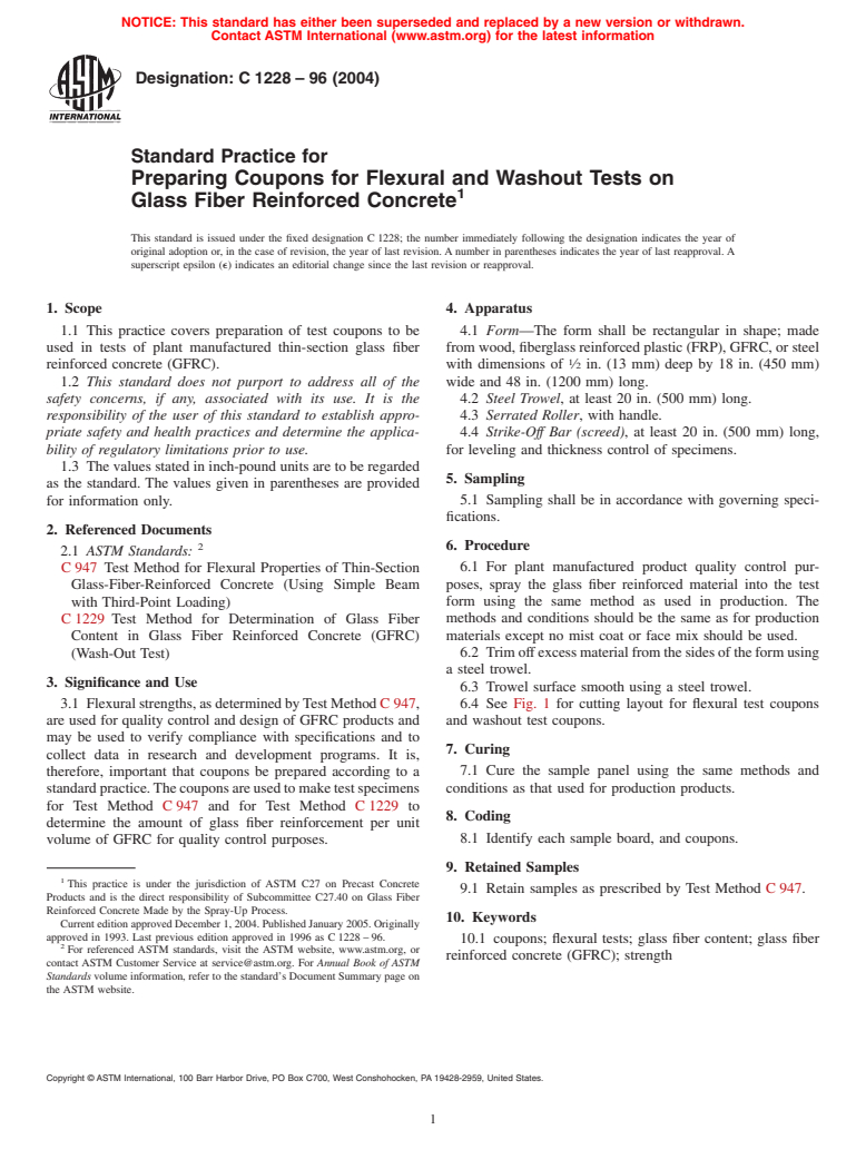 ASTM C1228-96(2004) - Standard Practice for Preparing Coupons for Flexural and Washout Tests on Glass Fiber Reinforced Concrete