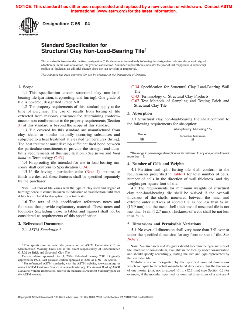 ASTM C56-04 - Standard Specification for Structural Clay Non-Load-Bearing Tile